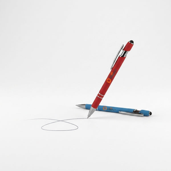 Echantillon stylo a bille aluminium recycle avec Softtouch, stylet et accents chrome