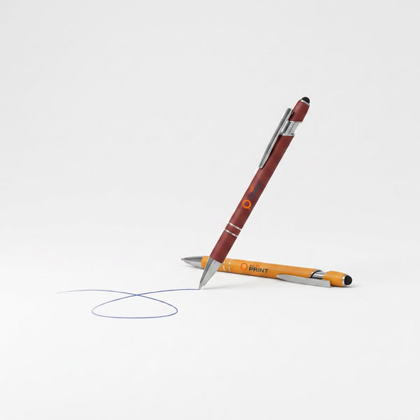 Échantillon stylo bille métal avec soft-touch, stylet et accents chromés
