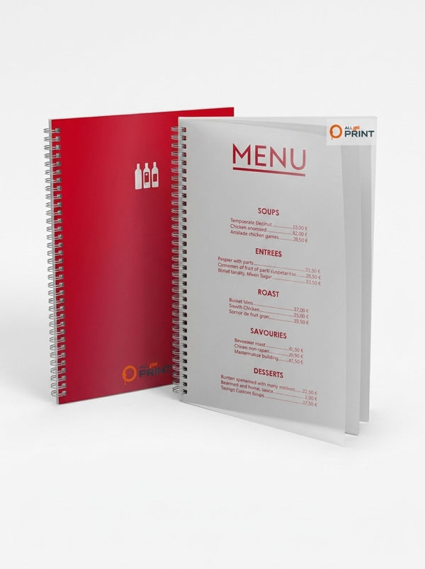 Menu cards with Wire-O binding, protective cover