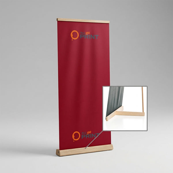 Wooden L-banner with magnetic strips, system including print