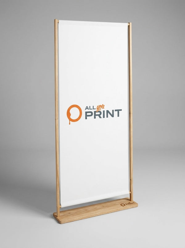 Wooden banner stand, system including print