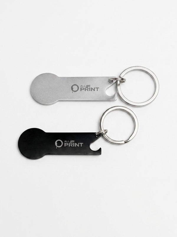 Sample keyring with trolley token and bottle opener