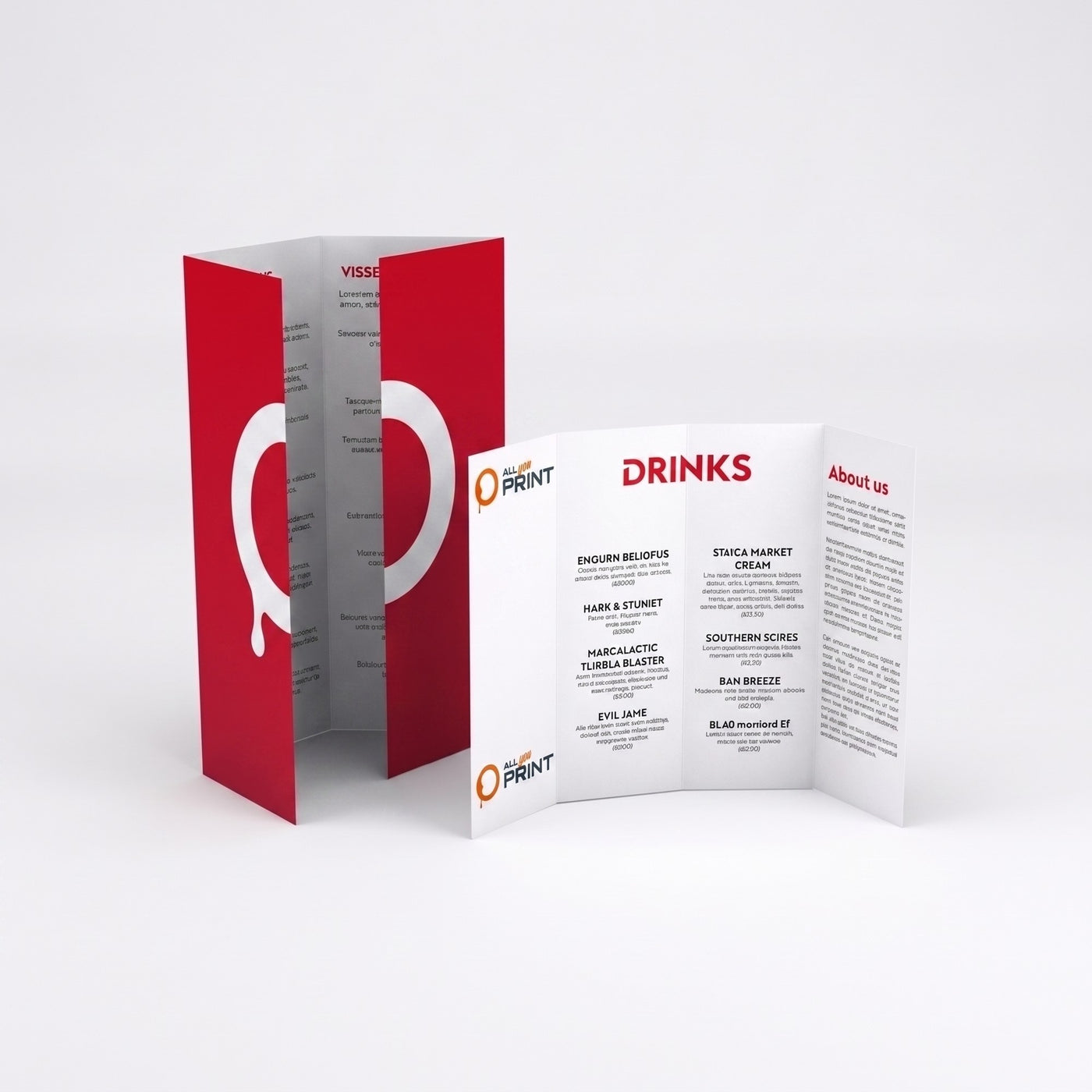 Food and drink menus, three-fold window fold